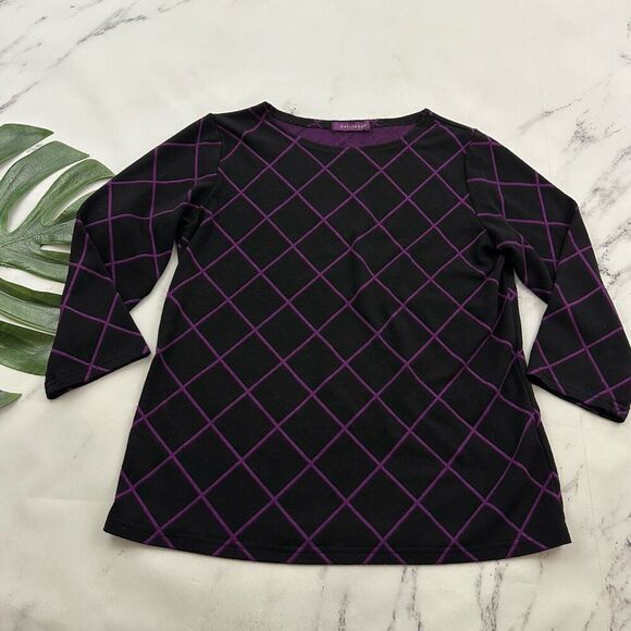 Cut Loose Womens Knit Top Size XS Black Purple Window Pane Plaid 3/4 Sleeve - Picture 1 of 12